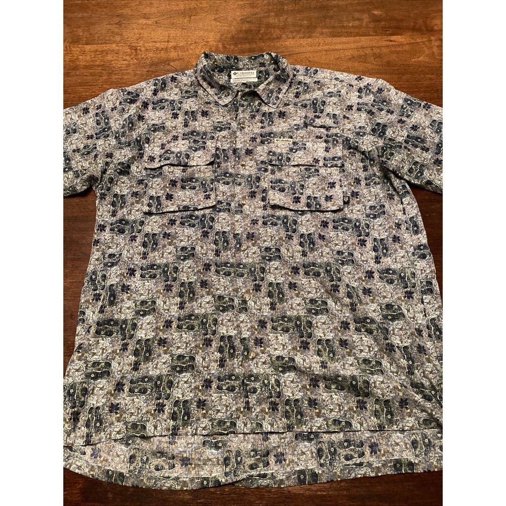 Vintage Columbia Shirt Mens XL Blue Footprint Pattern Button Down Short‎ Sleeve